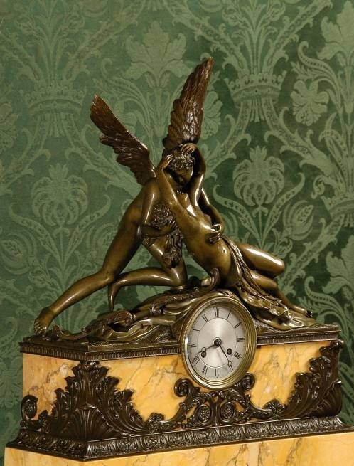 fig 1. **** SOLD **** Fine Early Bronze and Sienna Marble Clock - Cupid and Psyche by Honoré Pons.